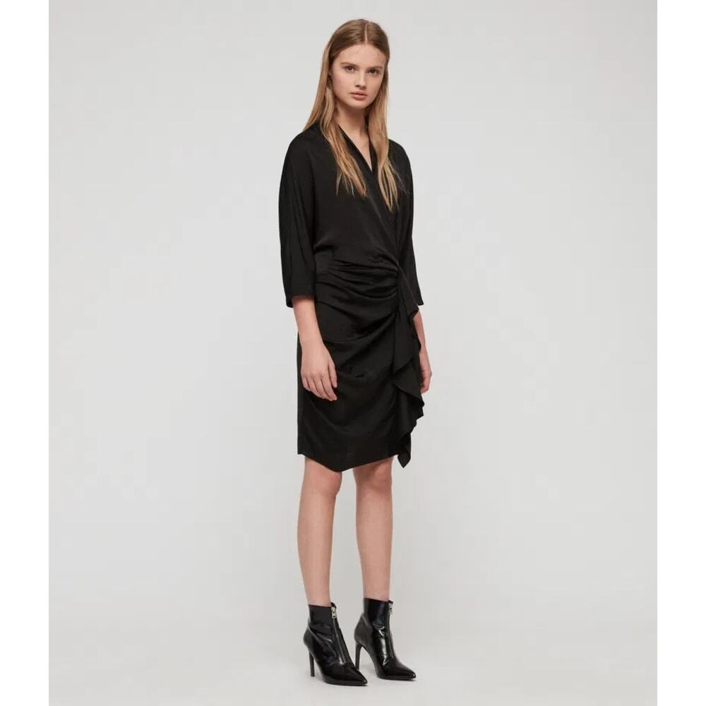 AllSaints Issey Dress Black Satin Faux Wrap V-Neck Ruched Ruffle Knee Size 4